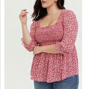 Pink floral smocked babydoll blouse